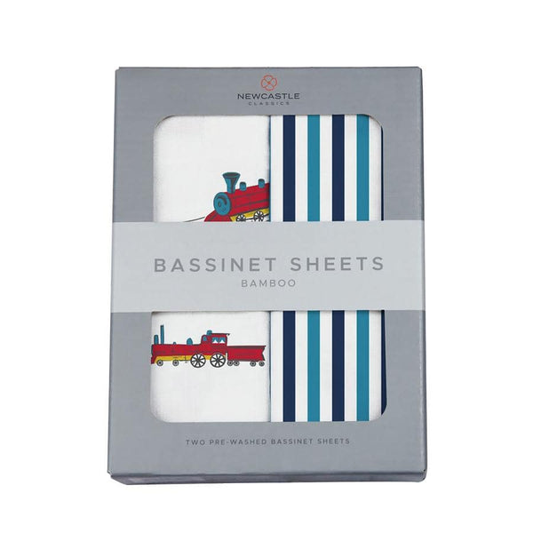 Cute Bassinet Sheets - Vintage Steam Trains & Blue and White Stripe - Roll Up Baby