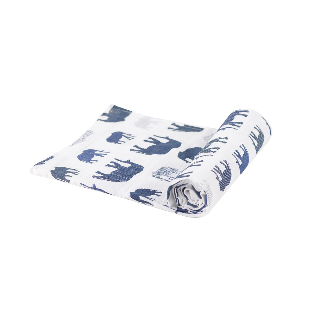 Muslin Swaddle Blanket - Blue Elephants - Roll Up Baby