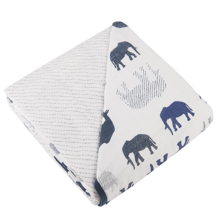Baby Muslin Blanket - Blue Elephants and Spotted Wave - Roll Up Baby