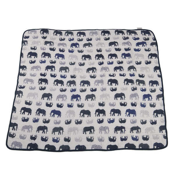 Baby Muslin Blanket - Blue Elephants and Spotted Wave - Roll Up Baby