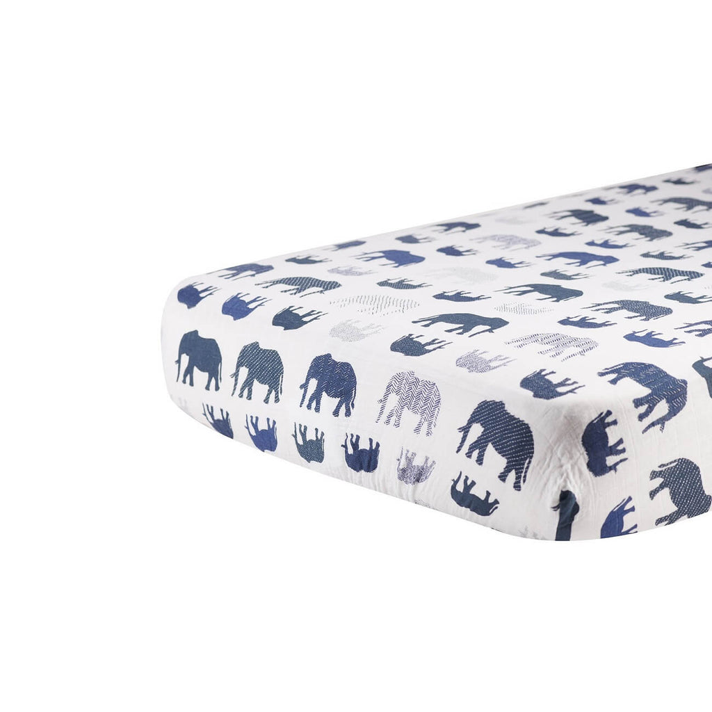 Muslin Crib Sheet - Blue Elephants - Roll Up Baby