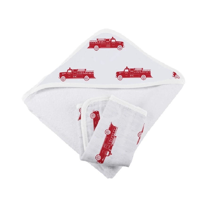 Baby Hooded Towel and Washcloth Set - Fire Truck - Roll Up Baby