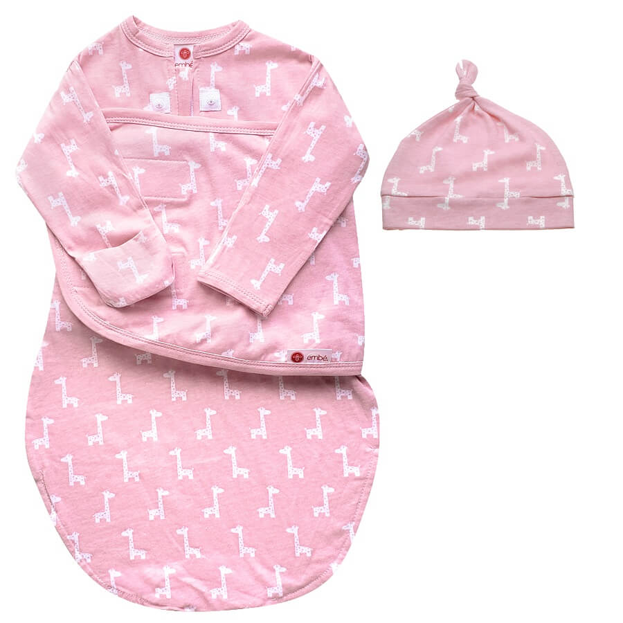 Hat & Starter Long Sleeves Swaddle Bundle - Pink Giraffes - Roll Up Baby