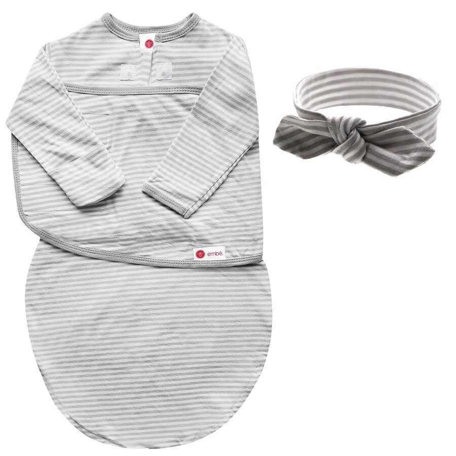 Headband & Swaddle with Long Sleeves Bundle - Gray Stripe - Roll Up Baby