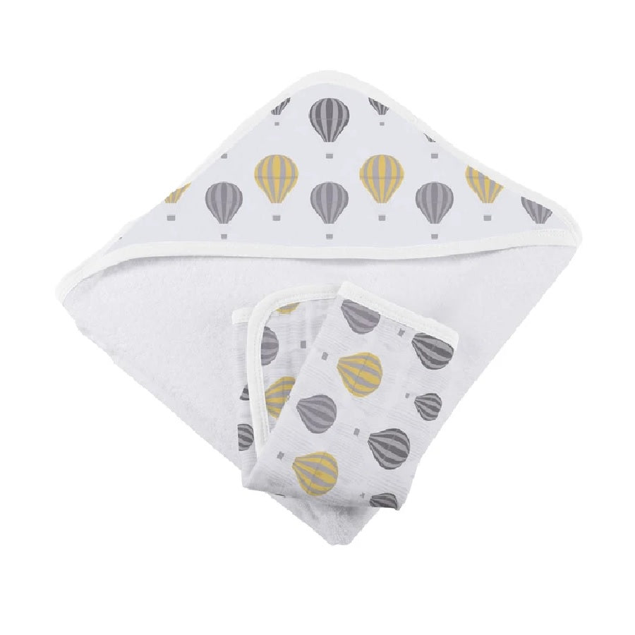 Baby Bamboo Hooded Towel and Washcloth Set - Hot Air Balloon - Roll Up Baby