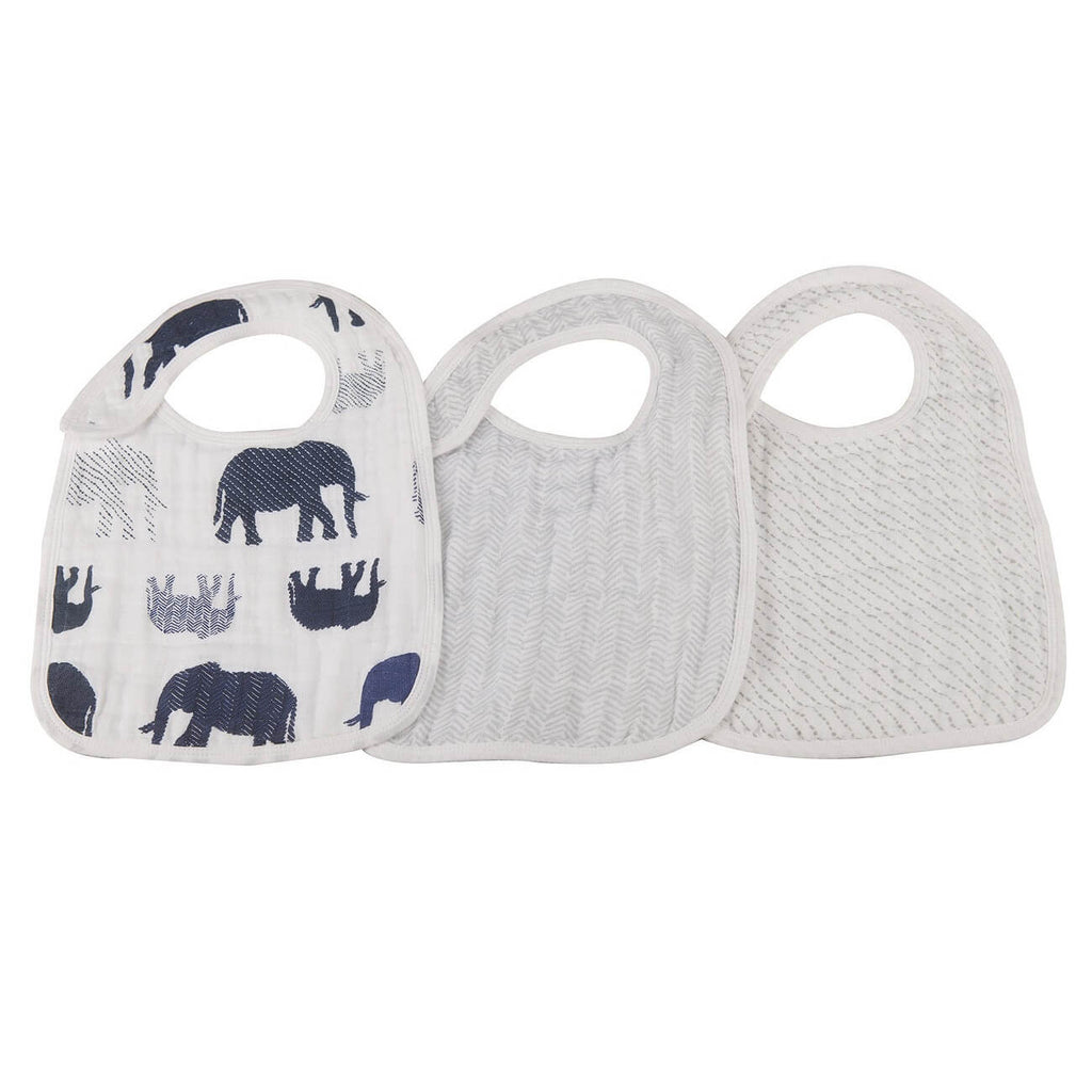 Muslin Bibs Set of 3 - In The Wild Elephant Snap - Roll Up Baby