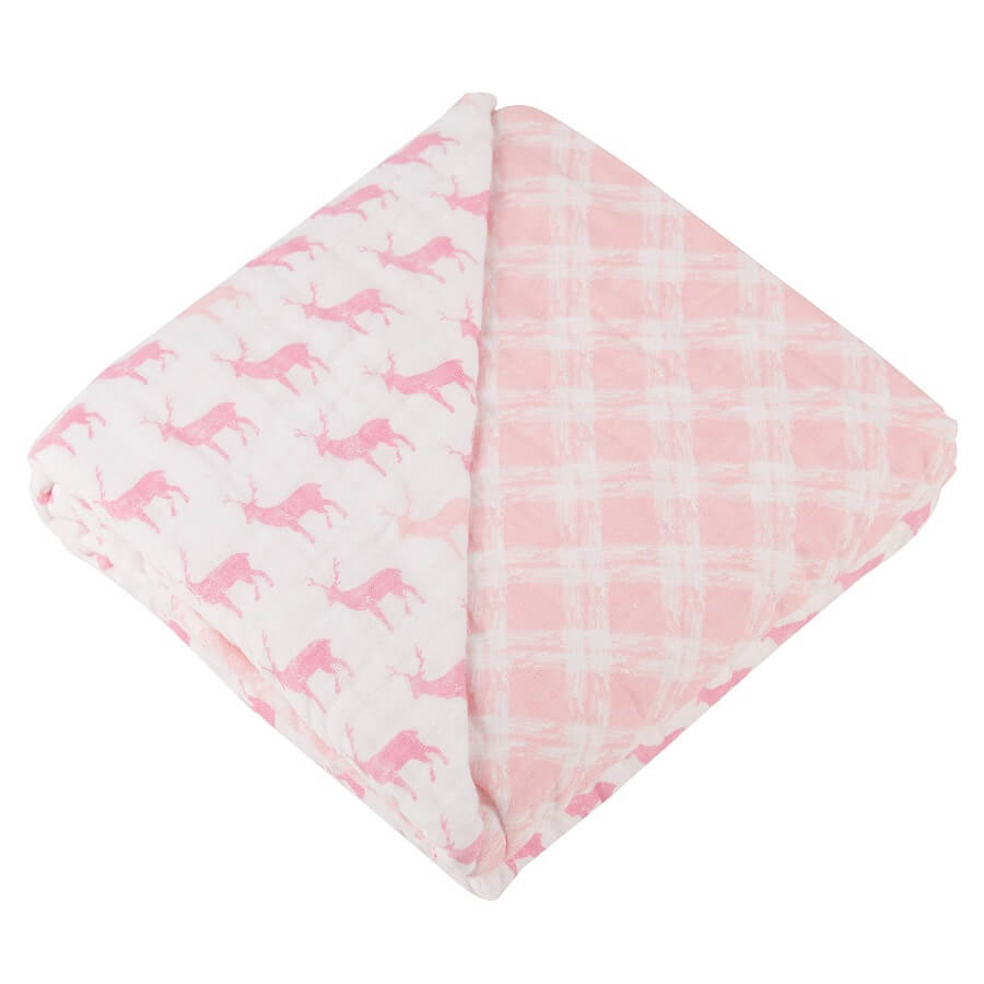 Muslin Blanket - Pink Deer & Primrose Pink Plaid - Roll Up Baby