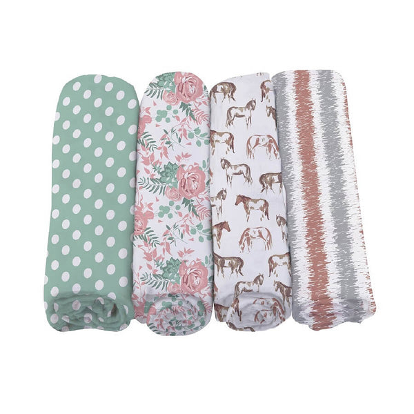 Muslin Swaddle Blankets 4 Pack - Horses and Roses - Roll Up Baby