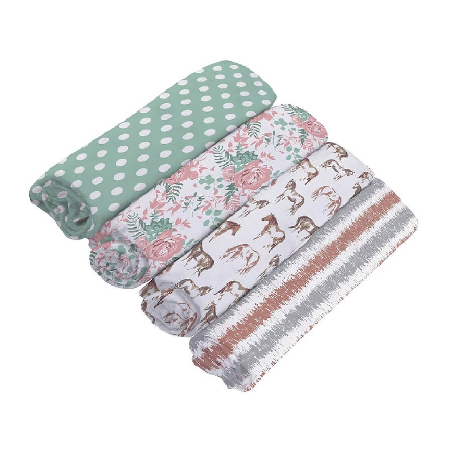 Muslin Swaddle Blankets 4 Pack - Horses and Roses - Roll Up Baby