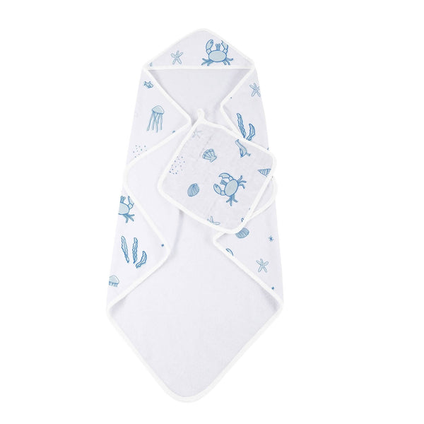 Muslin Hooded Towel and Washcloth Set - Ocean Friends - Roll Up Baby