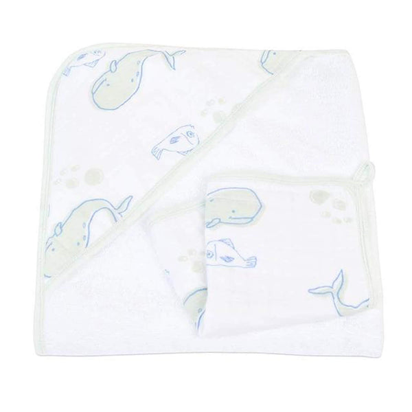 Muslin Hooded Towel and Washcloth Set - Ocean - Roll Up Baby