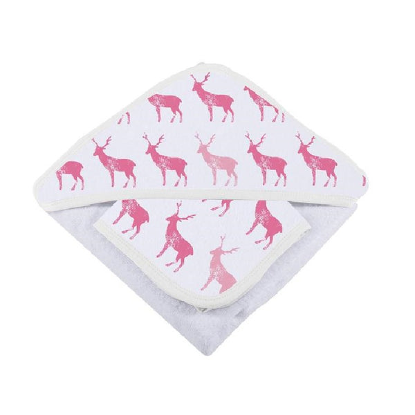 Baby Hooded Towel and Washcloth Set - Pink Deer - Roll Up Baby