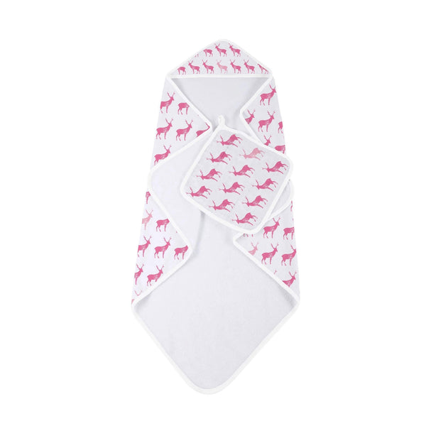 Muslin Hooded Towel and Washcloth Set - Pink Deer - Roll Up Baby