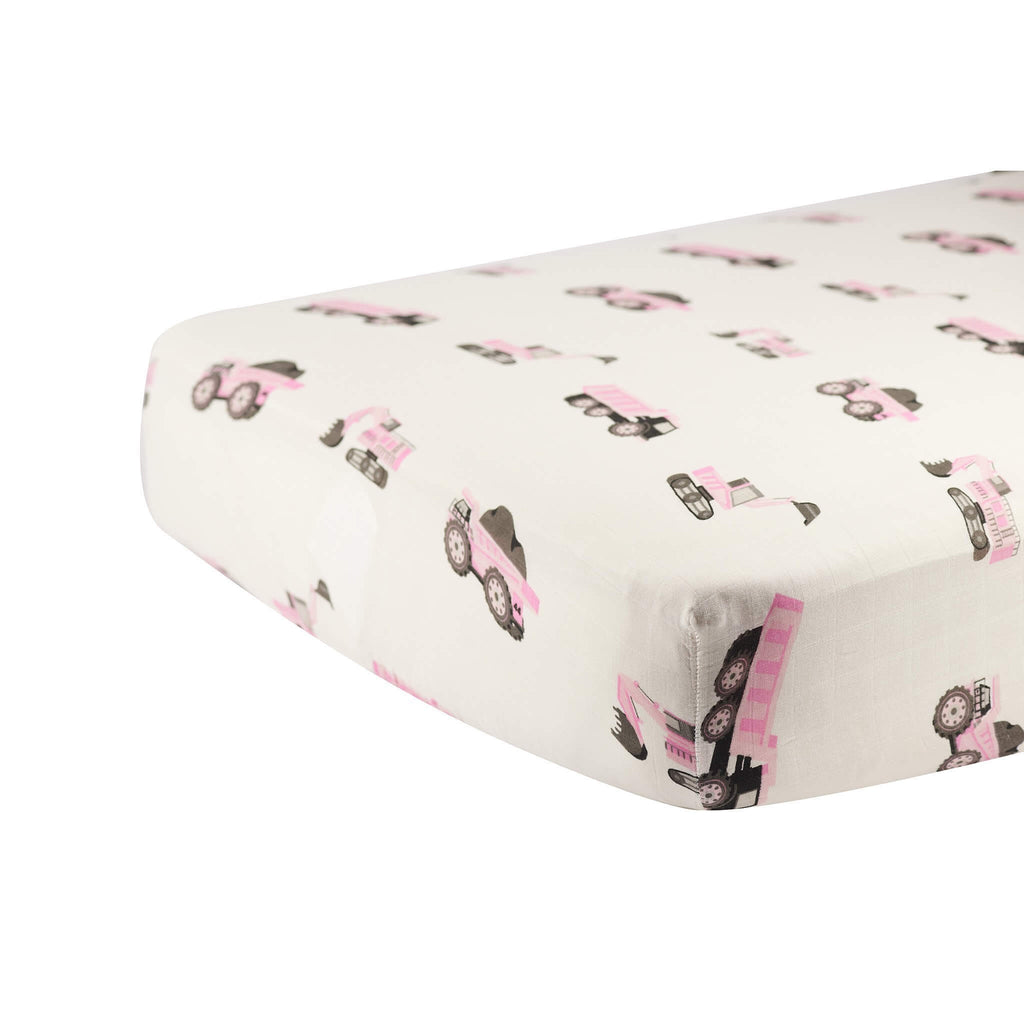 Bamboo Crib Sheet - Pink Digger - Roll Up Baby