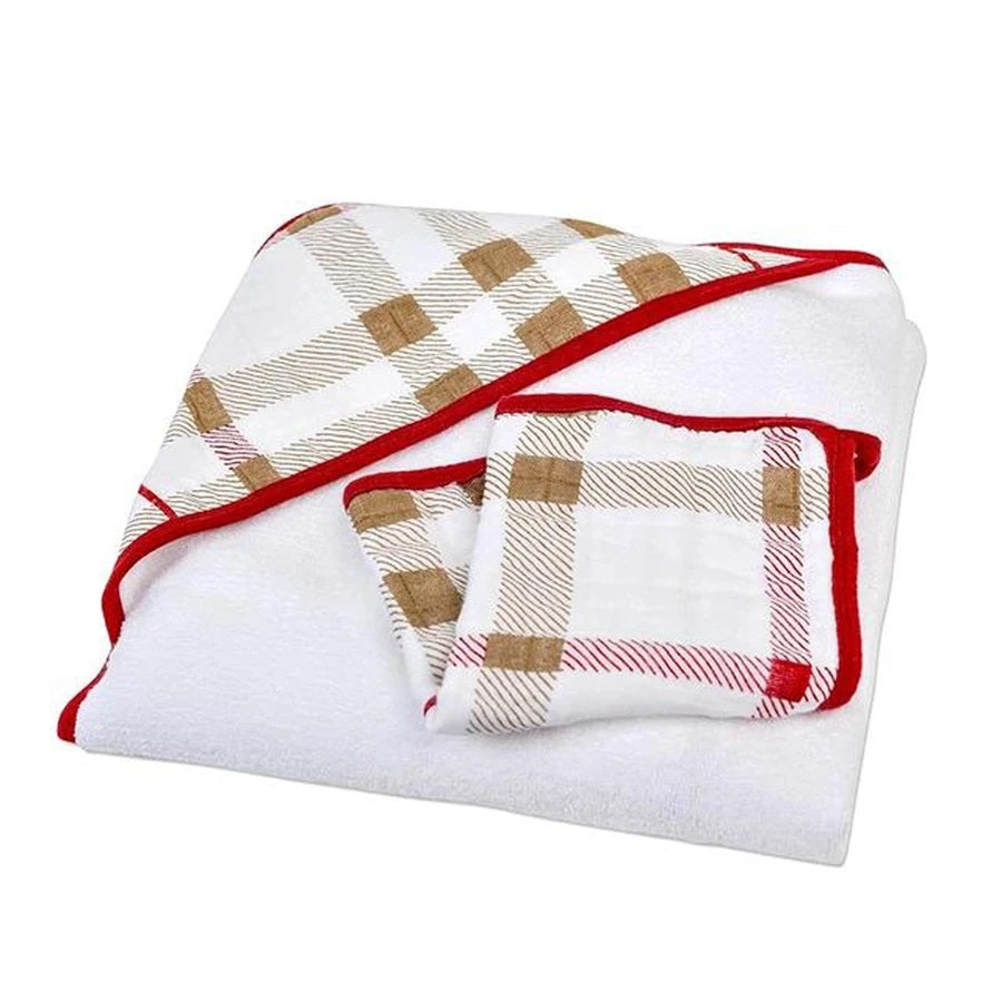 Muslin Hooded Towel and Washcloth Set - Plaid - Roll Up Baby