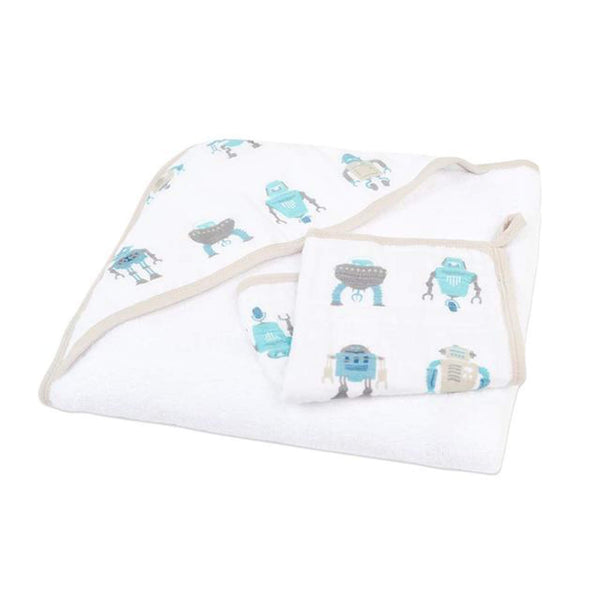 Muslin Hooded Towel and Washcloth Set - Robot - Roll Up Baby