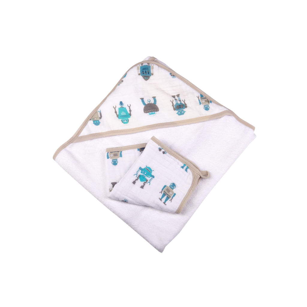 Muslin Hooded Towel and Washcloth Set - Robot - Roll Up Baby