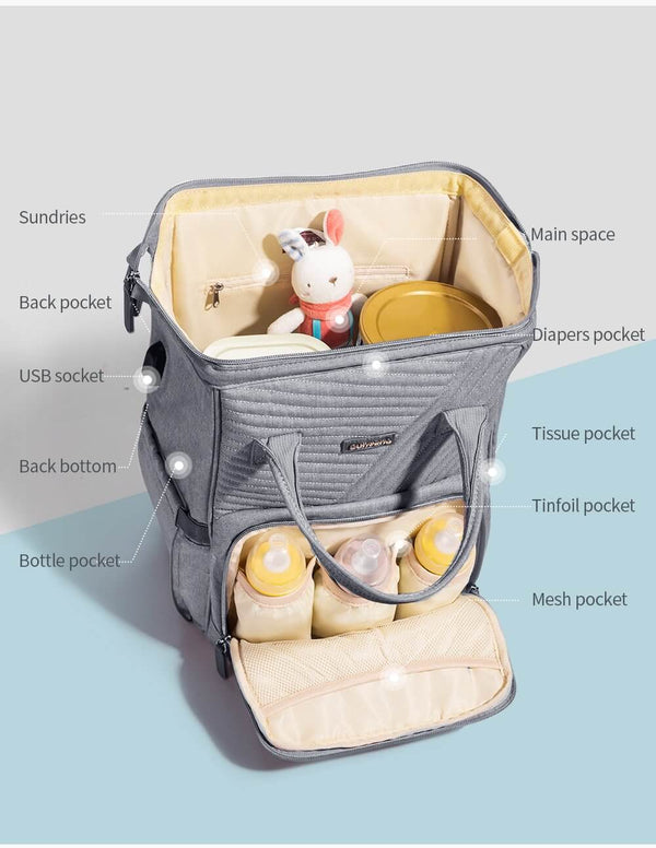 Stylish Diaper Baby Bag Backpack USB port - Roll Up Baby