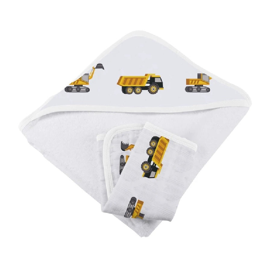 Baby Hooded Towel and Washcloth Set - Yellow Digger - Roll Up Baby