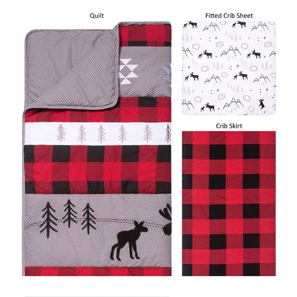 Crib Bedding Set 3 Piece - Lumberjack Moose - Roll Up Baby