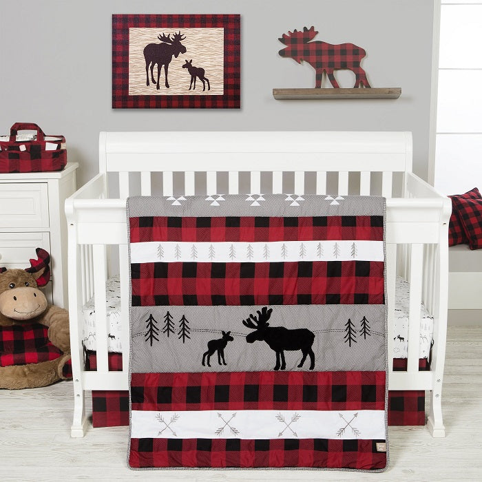 Crib Bedding Set 3 Piece - Lumberjack Moose  - Roll Up Baby