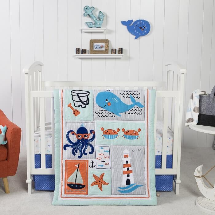 Crib Bedding Set 3 Piece - Ocean Pals   - Roll Up Baby