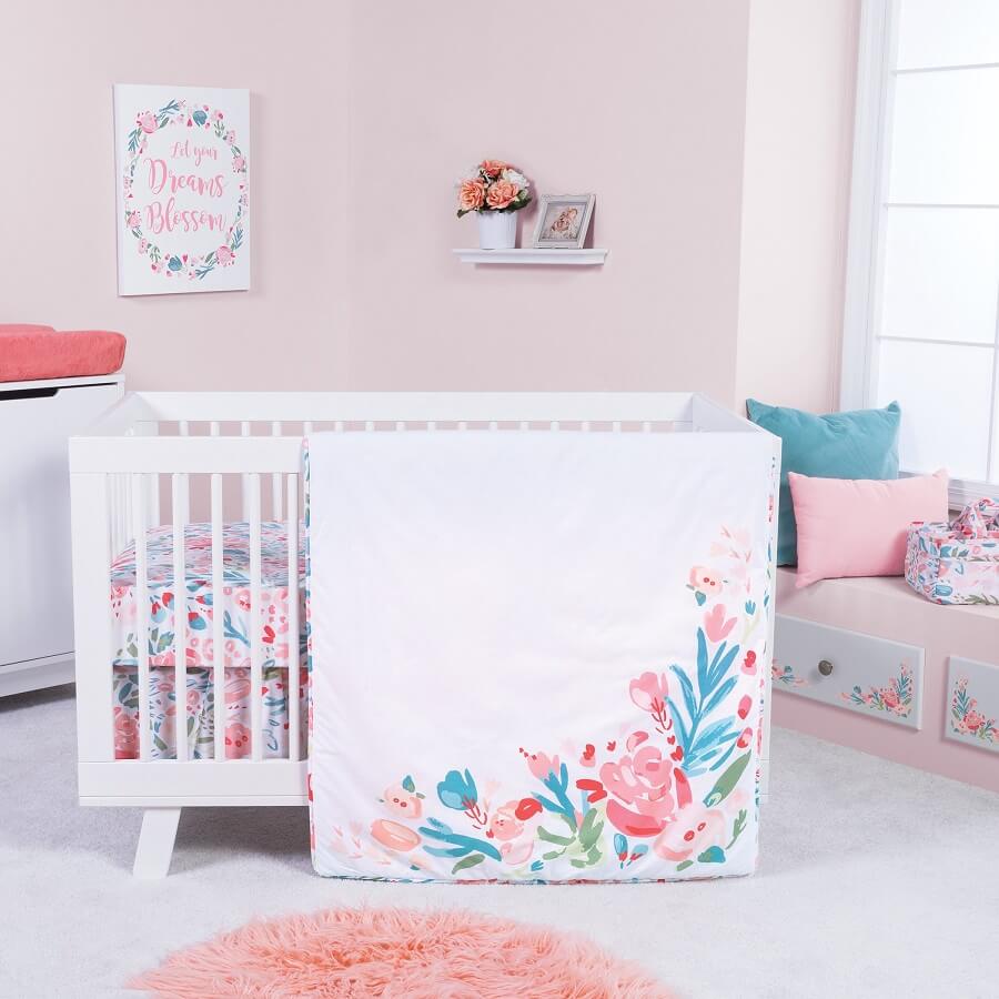 Crib Bedding Set - Painterly Floral 3 Piece  - Roll Up Baby