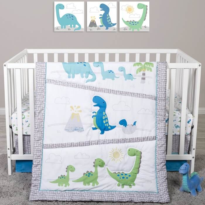 Crib Bedding Set 4 Piece - Sammy and Lou Dinosaur Pals  - Roll Up Baby