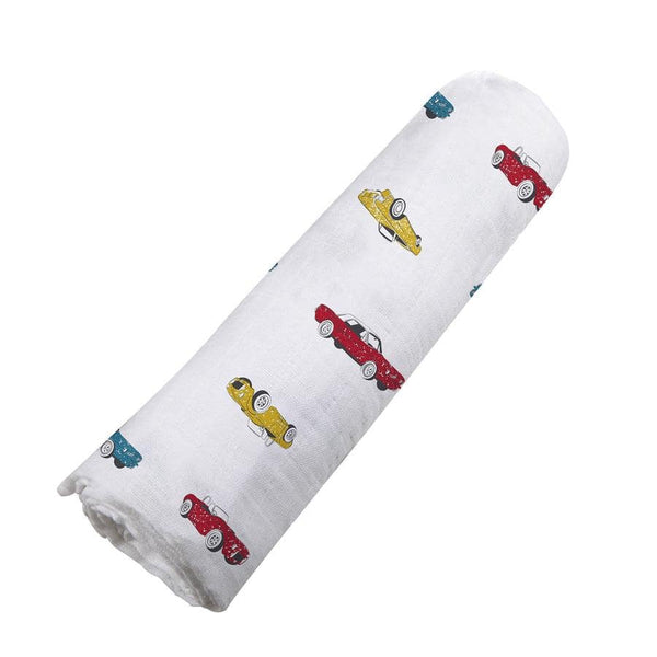 Organic Swaddle Blanket - Vintage Muscle Cars - Roll Up Baby