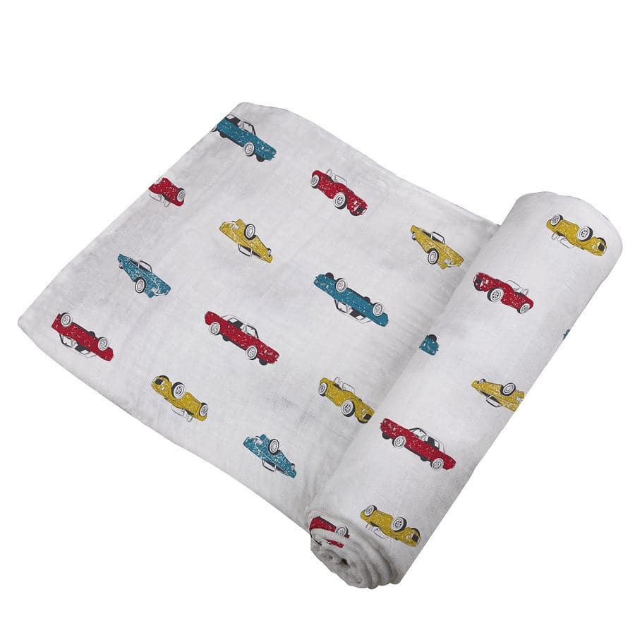Organic Swaddle Blanket - Vintage Muscle Cars - Roll Up Baby