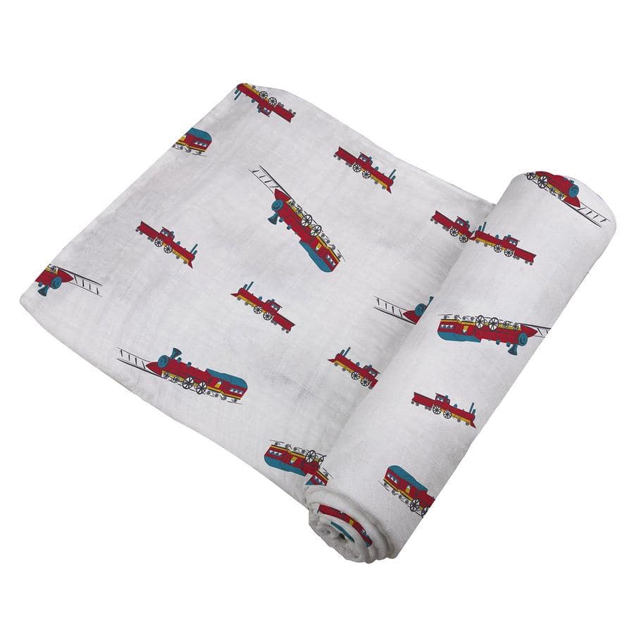 Organic Swaddle Blanket - Vintage Steam Trains - Roll Up Baby